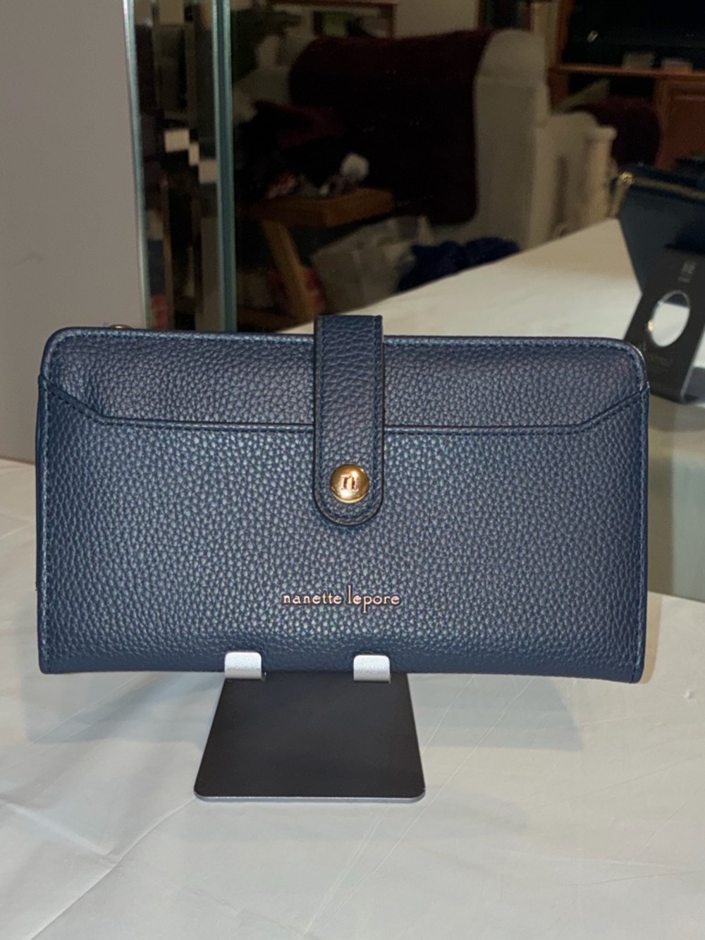 Nanette Lepore Navy Blue Pebbled Leather Bifold Wallet with Gold Hardware - Picture 4 of 12